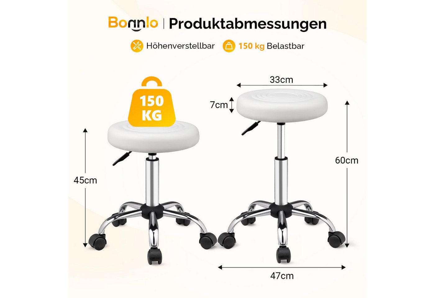 VINGLI Drehhocker Rollhocker Bürohocker Hocker mit Rädern, aus PU-Leder, Höhenverstellbar 40-60 cm,360° Drehbar, SGS Gasdruckfeder – Bild 4 von 5
