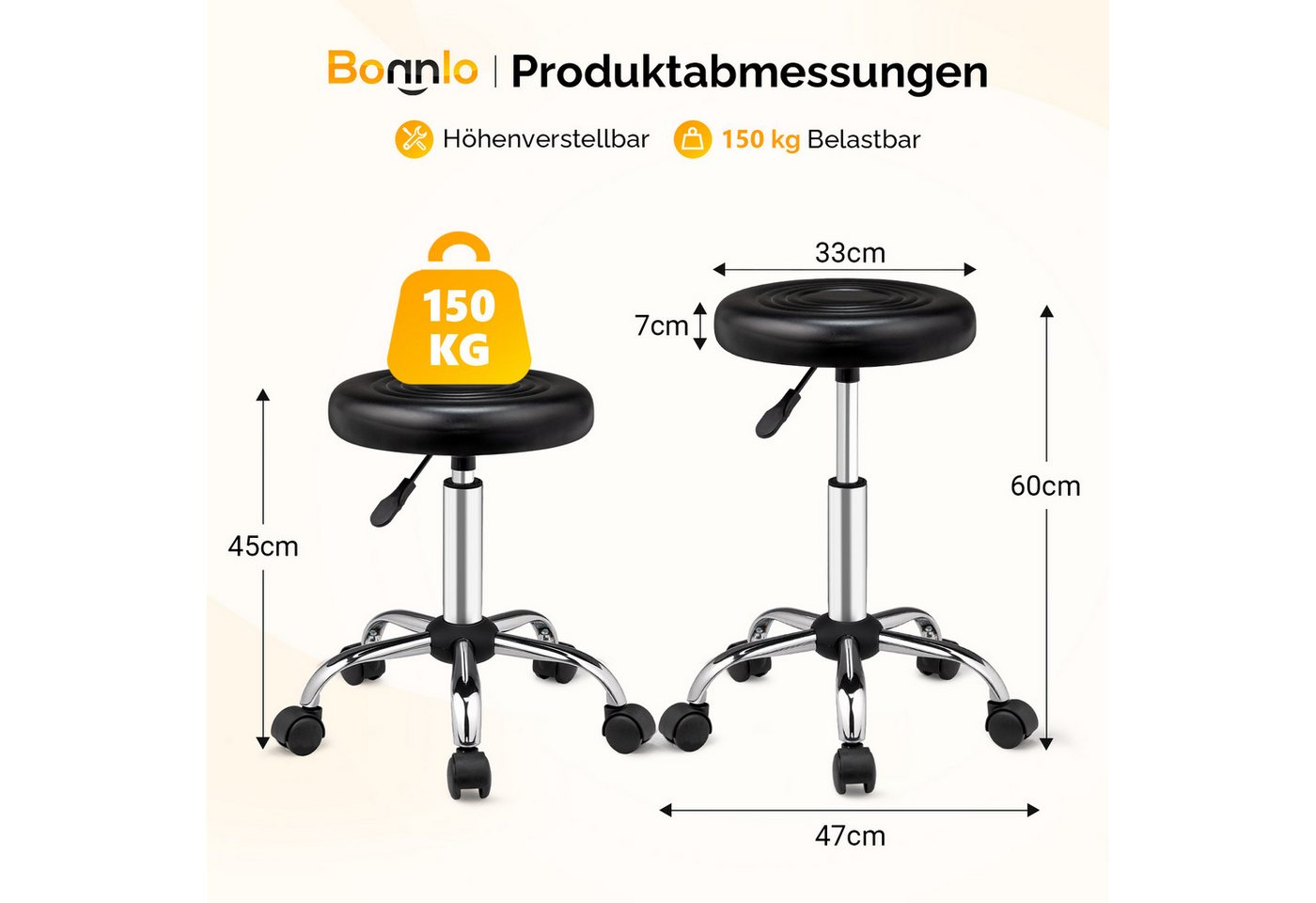 VINGLI Drehhocker Rollhocker Bürohocker Hocker mit Rädern, aus PU-Leder, Höhenverstellbar 40-60 cm,360° Drehbar, SGS Gasdruckfeder – Bild 4 von 5