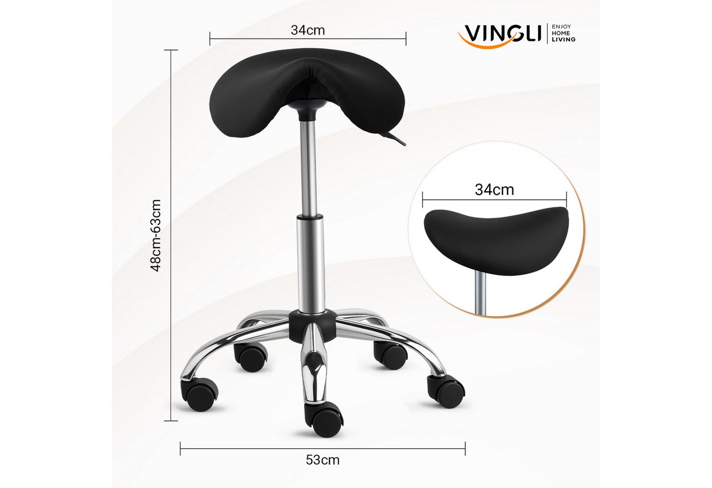 VINGLI Drehhocker Sattelhocker, Rollhocker, Bürohocker, Drehhocker,Arbeitshocker, höhenverstellbar, 360° drehbar, 150 KG Tragkraft – Bild 3 von 5