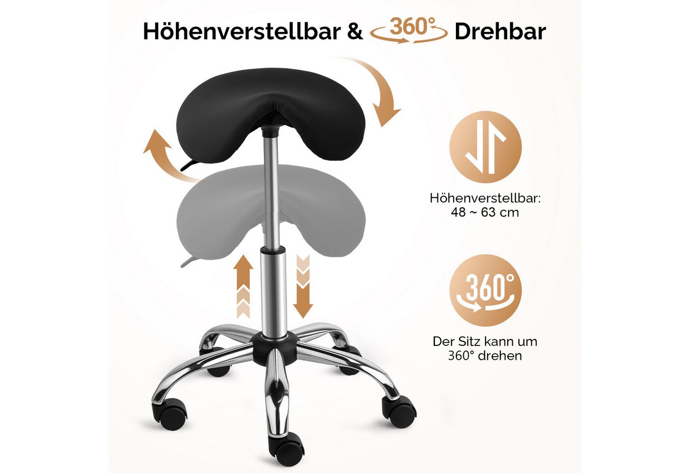 VINGLI Drehhocker Sattelhocker, Rollhocker, Bürohocker, Drehhocker,Arbeitshocker, höhenverstellbar, 360° drehbar, 150 KG Tragkraft – Bild 4 von 5