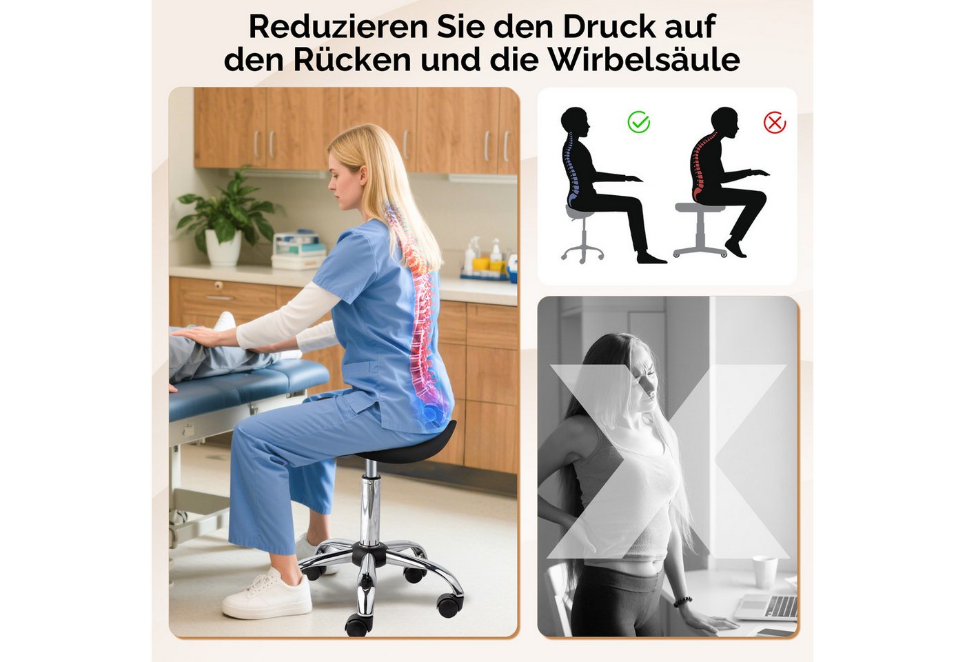 VINGLI Drehhocker Sattelhocker, Rollhocker, Bürohocker, Drehhocker,Arbeitshocker, höhenverstellbar, 360° drehbar, 150 KG Tragkraft – Bild 5 von 5