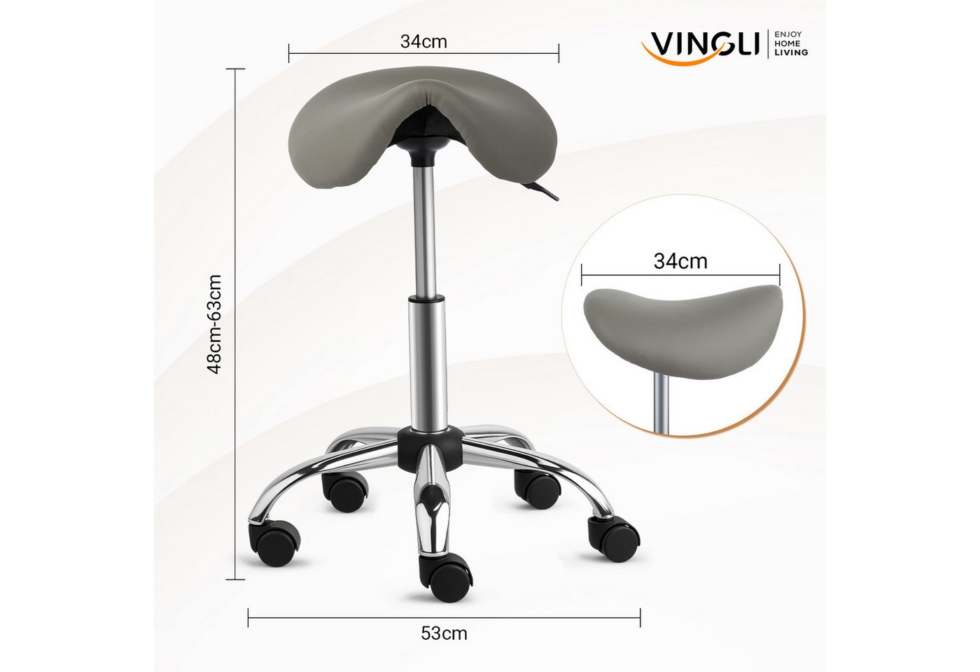 VINGLI Drehhocker Sattelhocker, Rollhocker, Bürohocker, Drehhocker,Arbeitshocker, höhenverstellbar, 360° drehbar, 150 KG Tragkraft – Bild 3 von 5