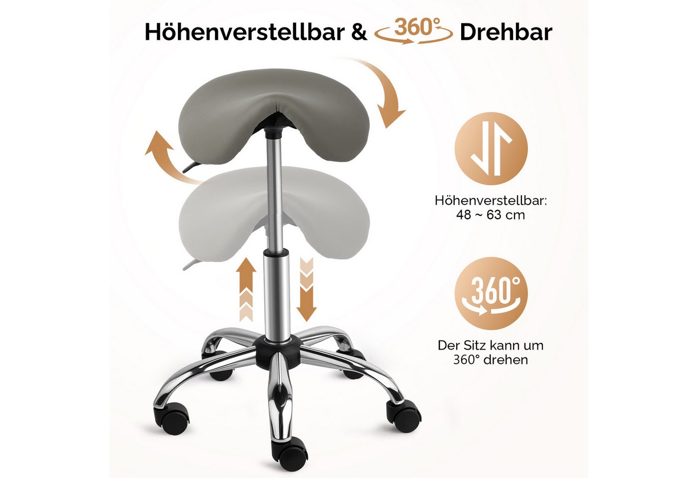 VINGLI Drehhocker Sattelhocker, Rollhocker, Bürohocker, Drehhocker,Arbeitshocker, höhenverstellbar, 360° drehbar, 150 KG Tragkraft – Bild 4 von 5