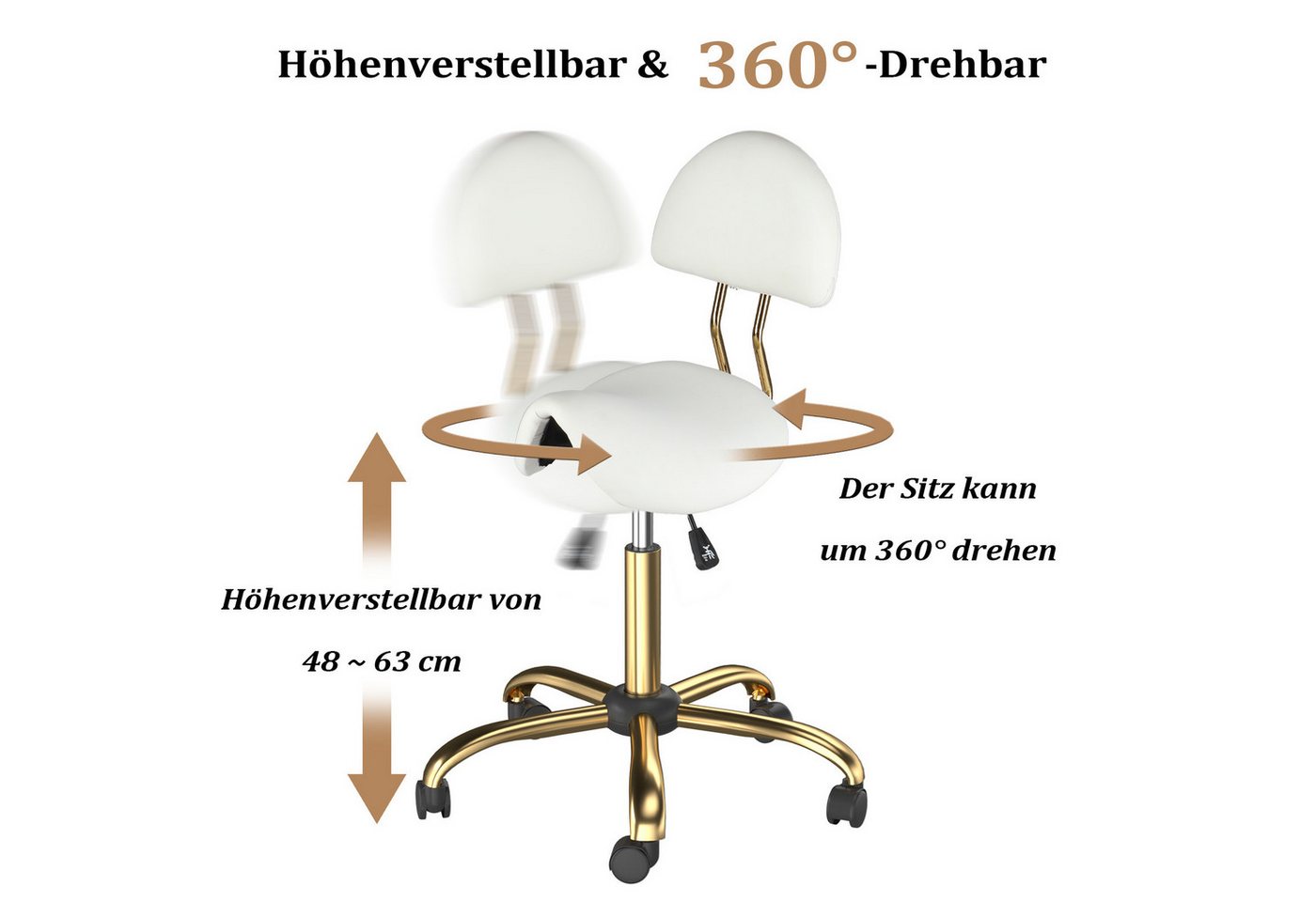 VINGLI Drehhocker Sattelhocker mit Lehne Abnehmbar, Rollhocker Ergonomisch, Bürohocker, Höhenverstellbar 48-63cm, mit Rollen, 180 KG Tragkraft, aus PU-Leder – Bild 4 von 5