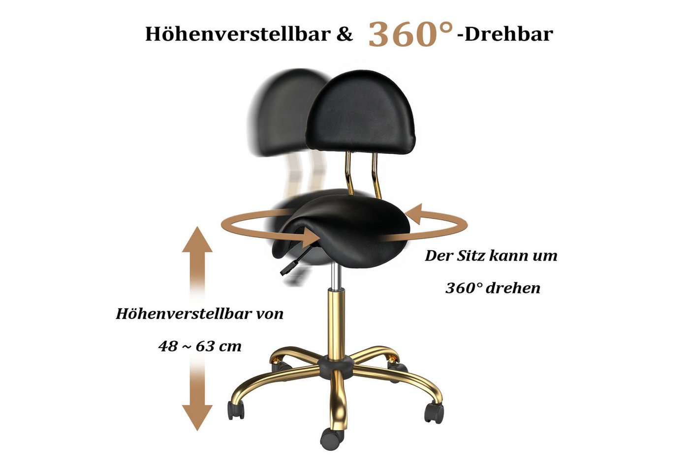 VINGLI Drehhocker Sattelhocker mit Lehne Abnehmbar, Rollhocker Ergonomisch, Bürohocker, Höhenverstellbar 48-63cm, mit Rollen, 180 KG Tragkraft, aus PU-Leder – Bild 4 von 5