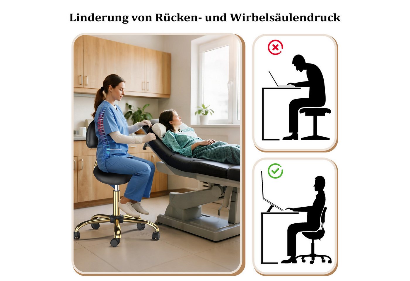 VINGLI Drehhocker Sattelhocker mit Lehne Abnehmbar, Rollhocker Ergonomisch, Bürohocker, Höhenverstellbar 48-63cm, mit Rollen, 180 KG Tragkraft, aus PU-Leder – Bild 5 von 5