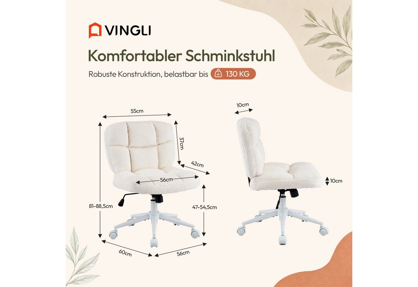 VINGLI Drehstuhl mit geräuscharmen Rollen, ergonomischer Schminkstuhl ohne Armlehnen, Chenille-Stoff, höhenverstellbarer – Bild 2 von 5