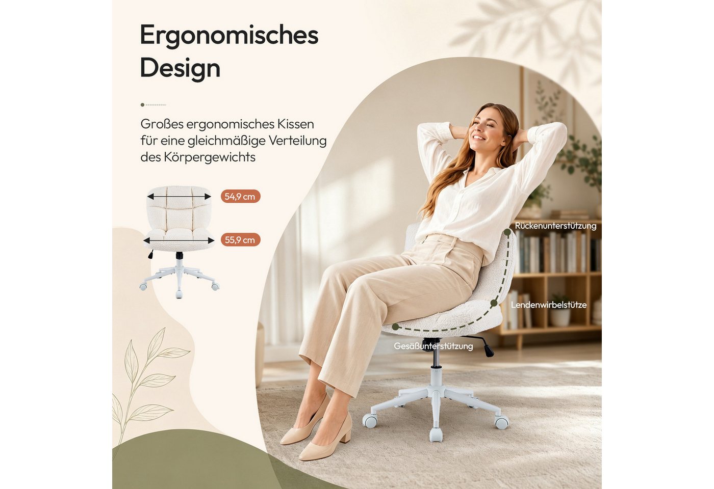 VINGLI Drehstuhl mit geräuscharmen Rollen, ergonomischer Schminkstuhl ohne Armlehnen, Chenille-Stoff, höhenverstellbarer – Bild 3 von 5