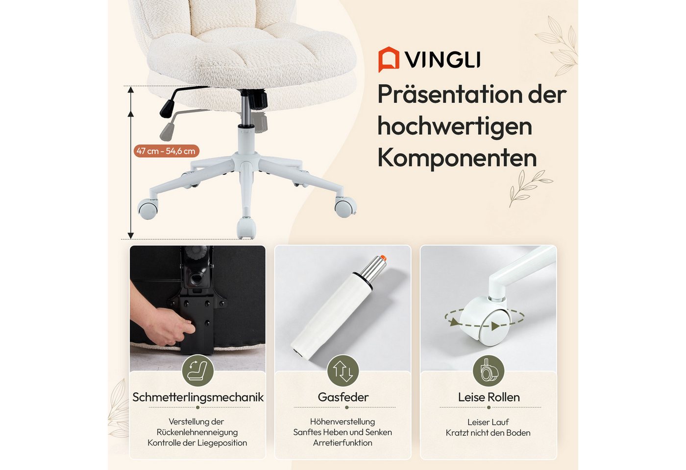 VINGLI Drehstuhl mit geräuscharmen Rollen, ergonomischer Schminkstuhl ohne Armlehnen, Chenille-Stoff, höhenverstellbarer – Bild 5 von 5