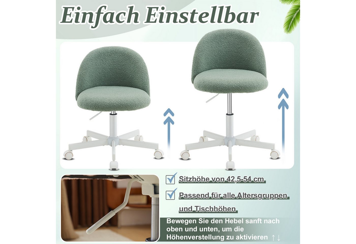 VINGLI Drehstuhl mit Rollen, Schminktisch Stuhl, Bürostuhl Höhenverstellbar, Schreibtischstuhl für Schlafzimmer, Homeoffice, Teddystoff – Bild 3 von 5