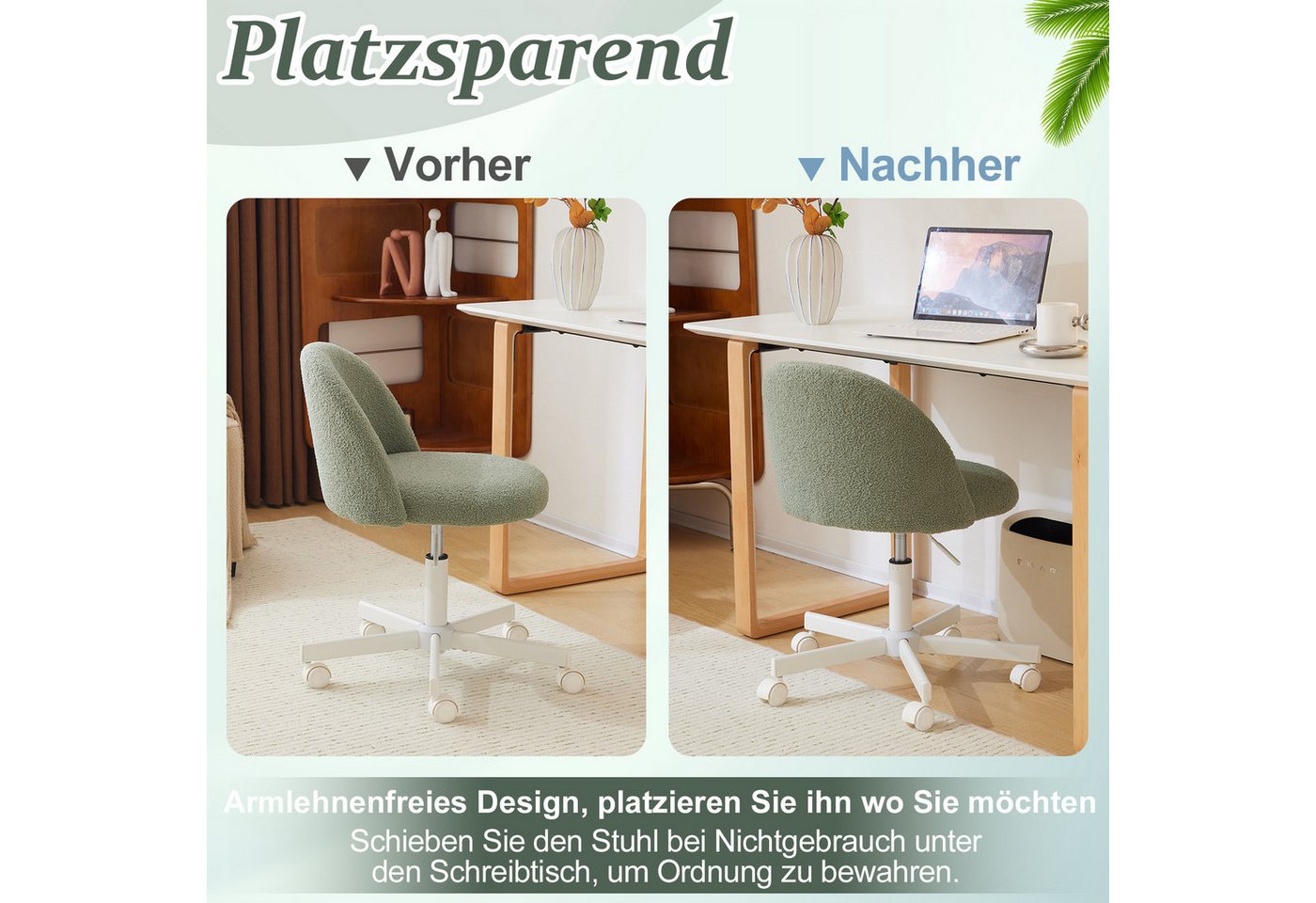 VINGLI Drehstuhl mit Rollen, Schminktisch Stuhl, Bürostuhl Höhenverstellbar, Schreibtischstuhl für Schlafzimmer, Homeoffice, Teddystoff – Bild 4 von 5