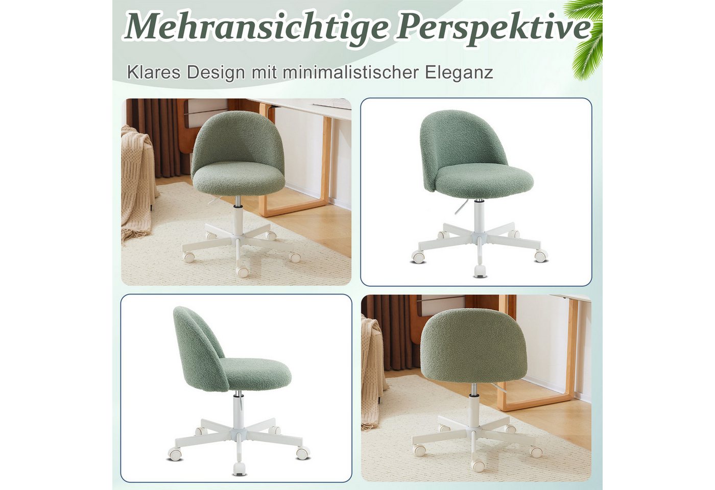 VINGLI Drehstuhl mit Rollen, Schminktisch Stuhl, Bürostuhl Höhenverstellbar, Schreibtischstuhl für Schlafzimmer, Homeoffice, Teddystoff – Bild 5 von 5