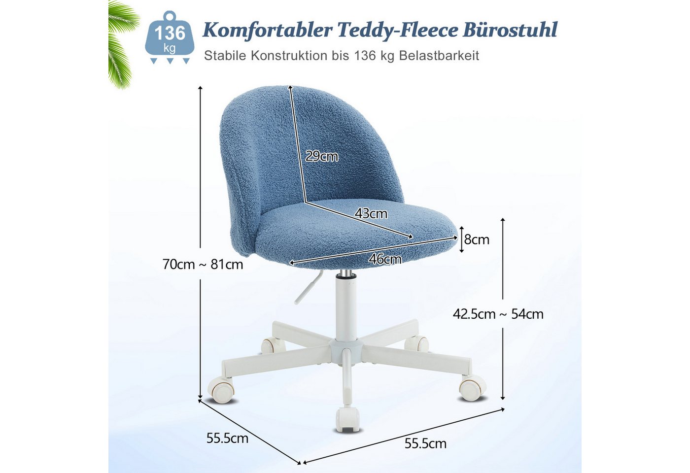 VINGLI Drehstuhl mit Rollen, Schminktisch Stuhl, Bürostuhl Höhenverstellbar, Schreibtischstuhl für Schlafzimmer, Homeoffice, Teddystoff – Bild 2 von 5