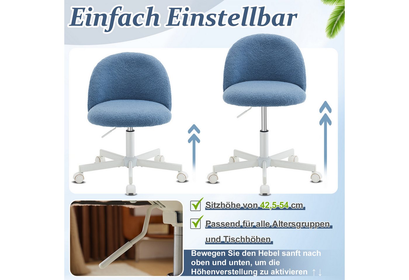 VINGLI Drehstuhl mit Rollen, Schminktisch Stuhl, Bürostuhl Höhenverstellbar, Schreibtischstuhl für Schlafzimmer, Homeoffice, Teddystoff – Bild 3 von 5