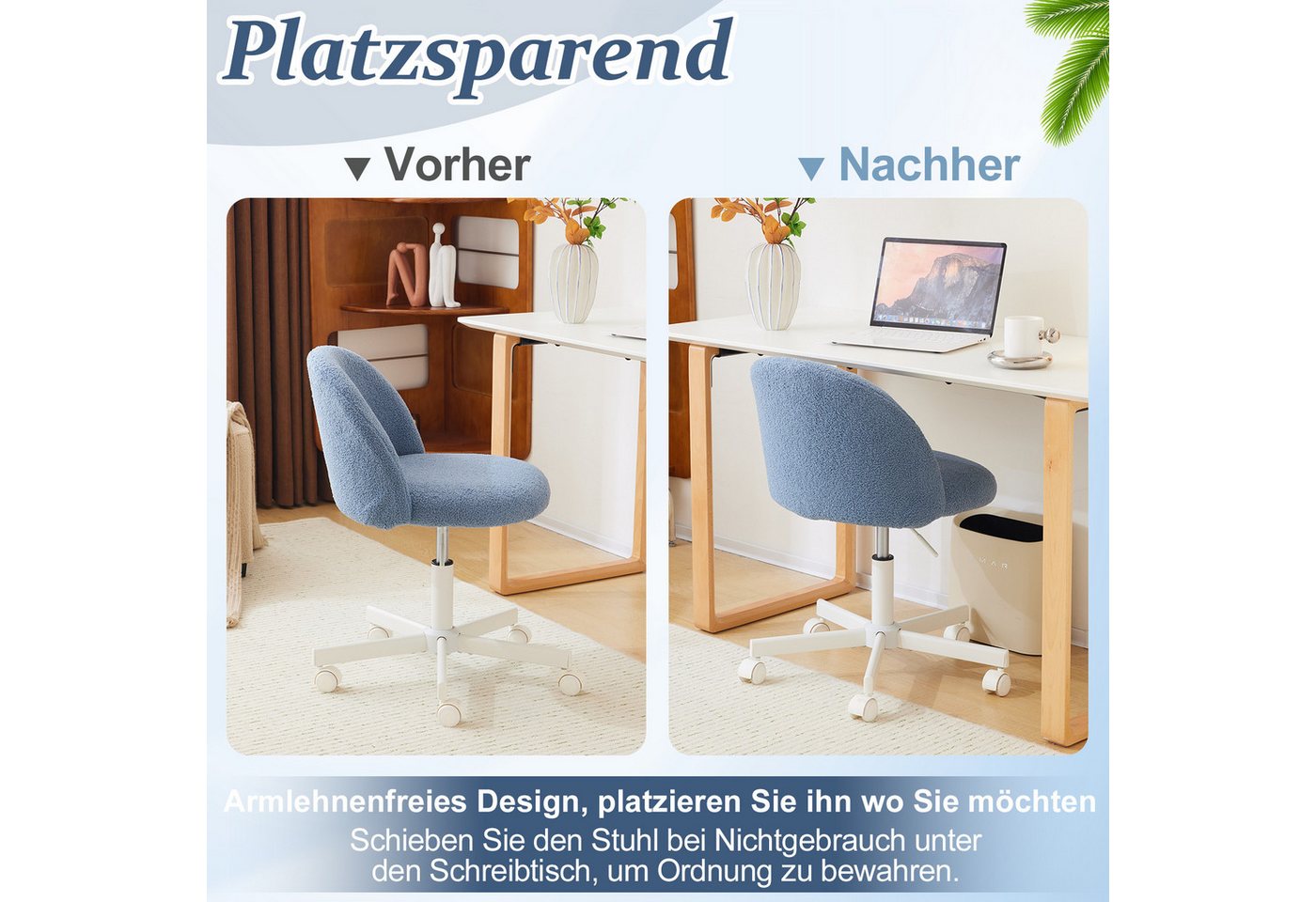 VINGLI Drehstuhl mit Rollen, Schminktisch Stuhl, Bürostuhl Höhenverstellbar, Schreibtischstuhl für Schlafzimmer, Homeoffice, Teddystoff – Bild 4 von 5