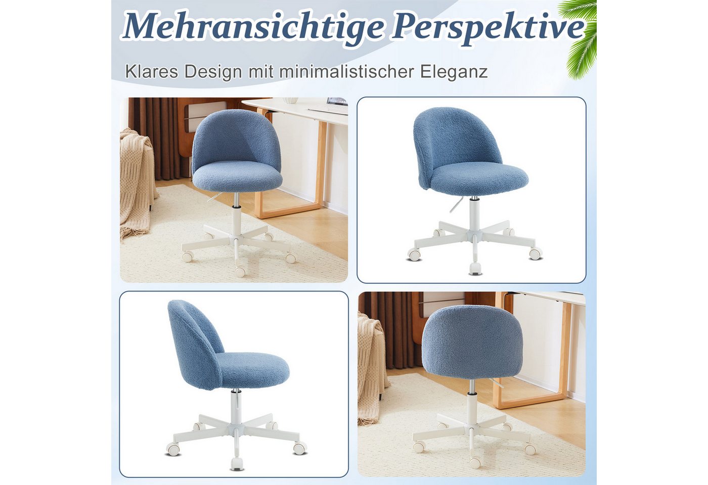 VINGLI Drehstuhl mit Rollen, Schminktisch Stuhl, Bürostuhl Höhenverstellbar, Schreibtischstuhl für Schlafzimmer, Homeoffice, Teddystoff – Bild 5 von 5