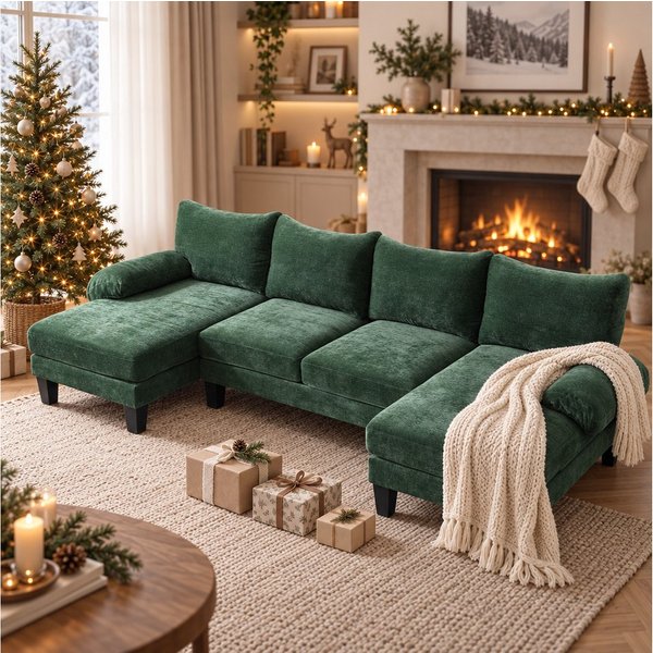 VINGLI Ecksofa U-Form, 283 × 123 × 84 cm, Couch mit Chaiselongue, aus Cord Chenille