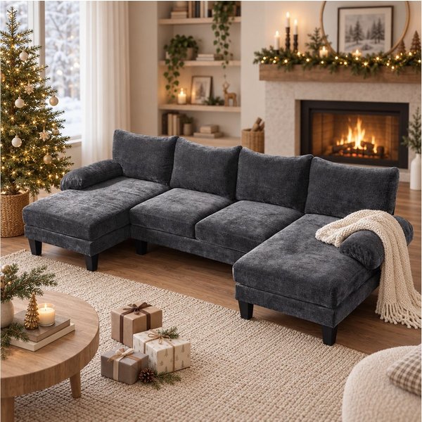 VINGLI Ecksofa U-Form, 283 × 123 × 84 cm, Couch mit Chaiselongue, aus Cord Chenille
