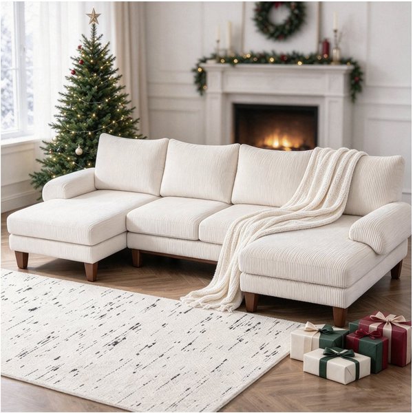 VINGLI Ecksofa U-Form, 283 × 123 × 84 cm, Couch mit Chaiselongue, aus Cord Chenille