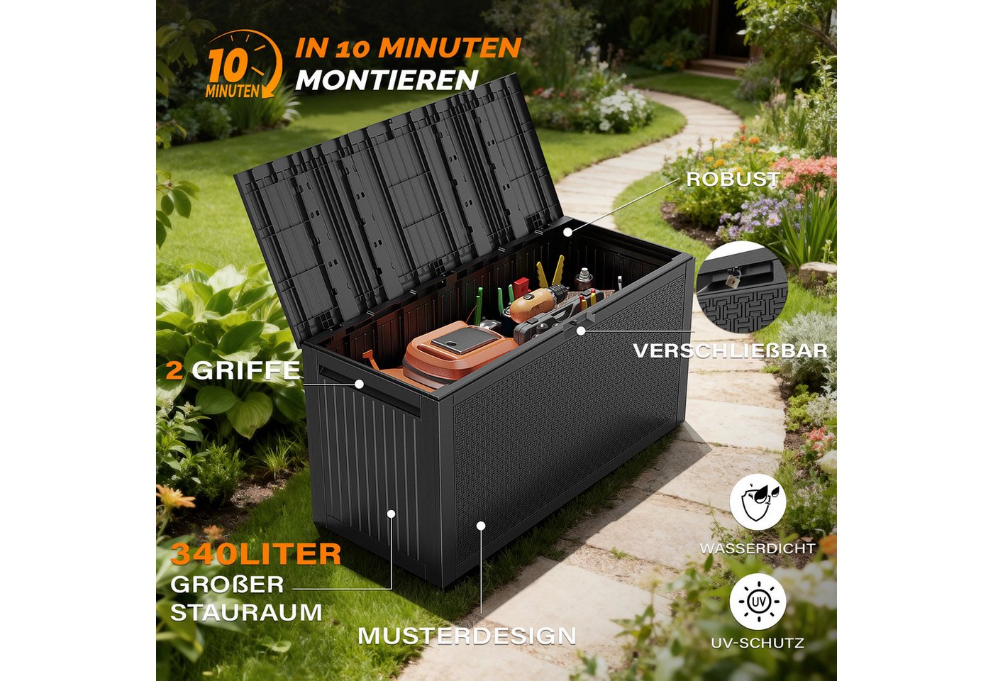VINGLI Gartenbox Aufbewarungsbox mit/ohne Rädern, Wasserdicht – Bild 4 von 5