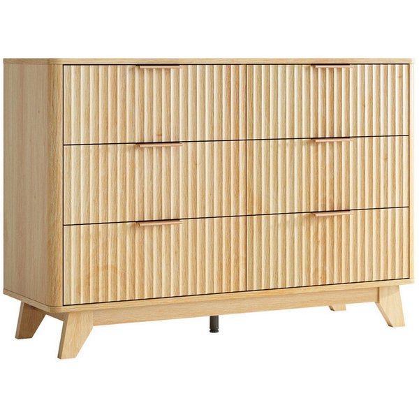 VINGLI Kommode mit 3/6 Schubladen, Schubladenschrank Eiche, 70/110 cm breit Holz, Sideboard mit geriffelten Türen, goldenen Griffen