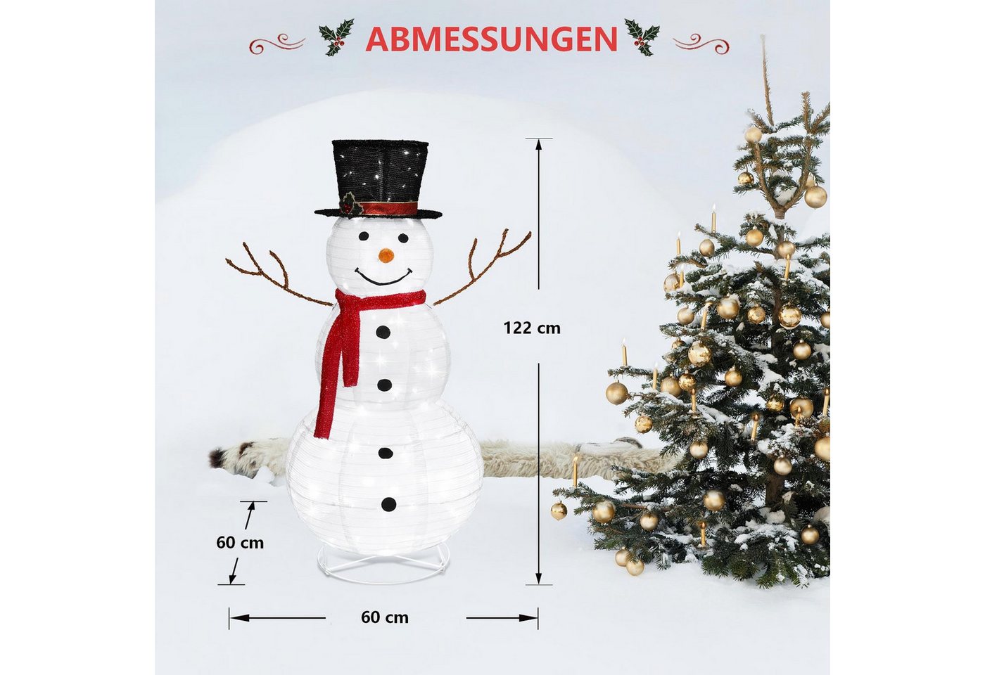 VINGLI LED Dekofigur Beleuchteter Schneemann, Weihnachtsdekoration Innen & Außen, 90 LED fest integriert, Kaltweiß, Schneemann, Höhe ca. 120 cm – Bild 2 von 5