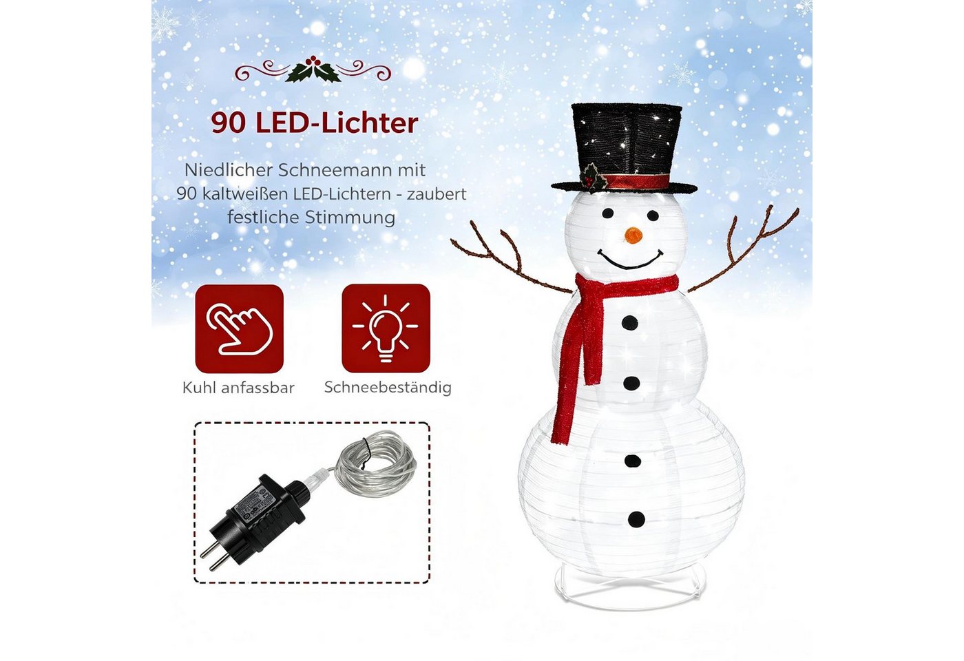 VINGLI LED Dekofigur Beleuchteter Schneemann, Weihnachtsdekoration Innen & Außen, 90 LED fest integriert, Kaltweiß, Schneemann, Höhe ca. 120 cm – Bild 3 von 5