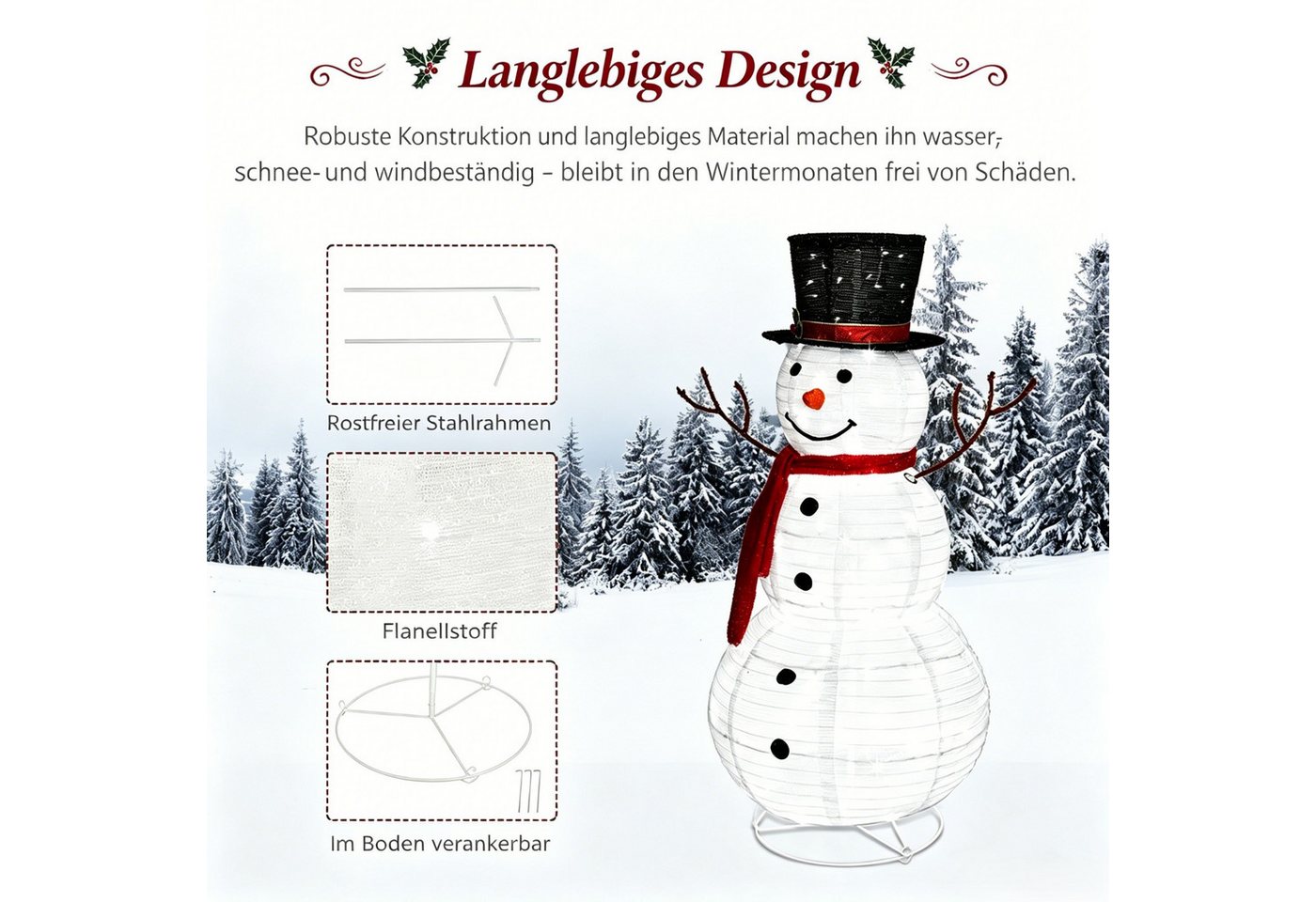VINGLI LED Dekofigur Beleuchteter Schneemann, Weihnachtsdekoration Innen & Außen, 90 LED fest integriert, Kaltweiß, Schneemann, Höhe ca. 120 cm – Bild 4 von 5
