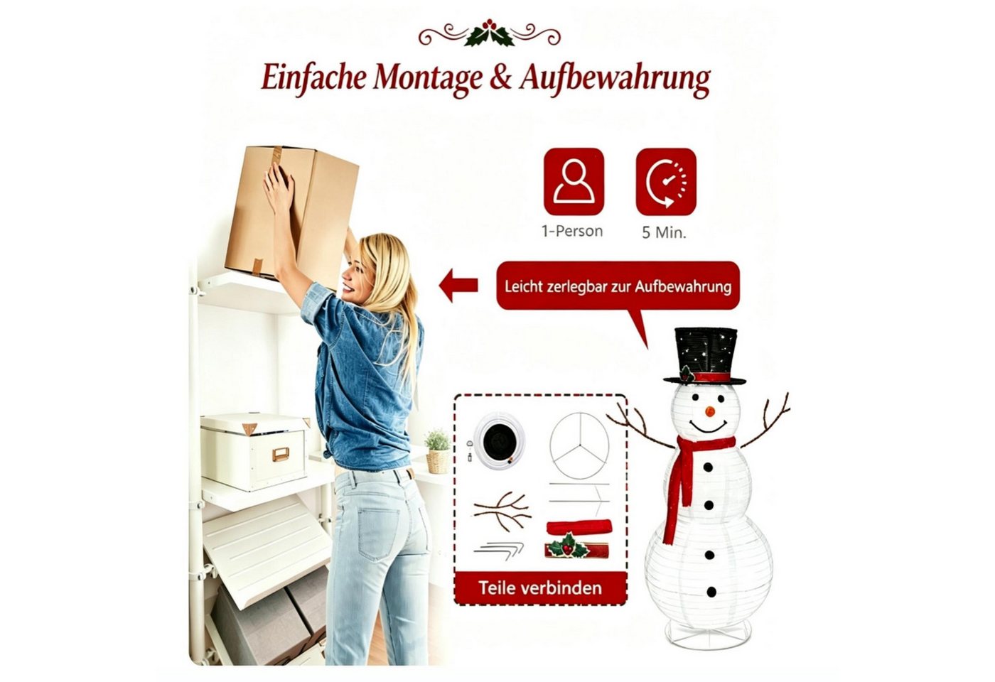VINGLI LED Dekofigur Beleuchteter Schneemann, Weihnachtsdekoration Innen & Außen, 90 LED fest integriert, Kaltweiß, Schneemann, Höhe ca. 120 cm – Bild 5 von 5