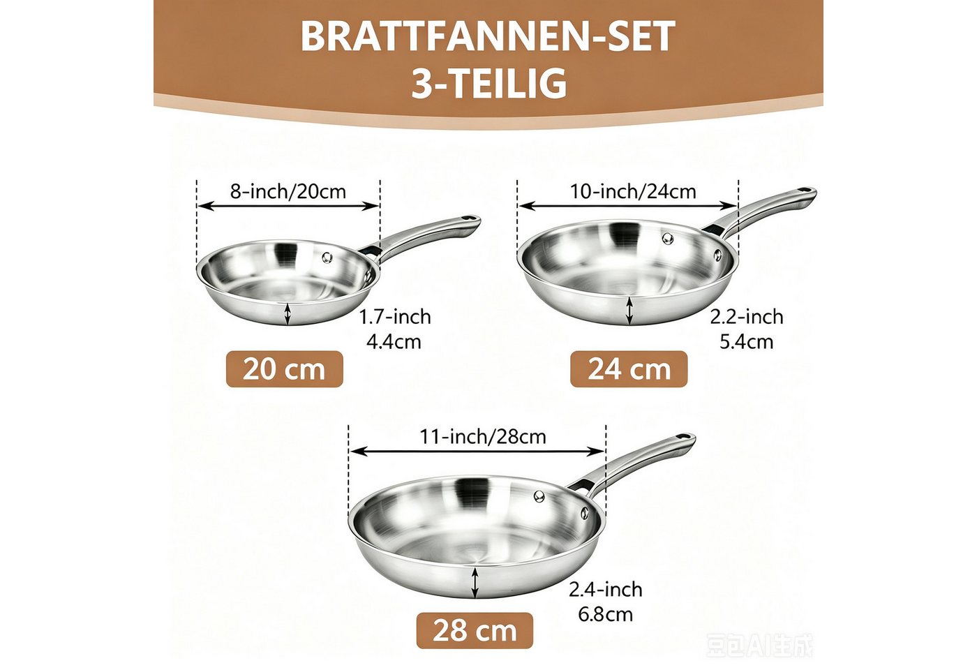 VINGLI Pfannen-Set Pfannenset Edelstahl, Bratpfannen, PTFE frei, (3-tlg., 3 Pfannen mit 2 Glasdeckeln), 20, 24 und 28 cm, für alle Herdarten, Spülmaschinenfest – Bild 3 von 5