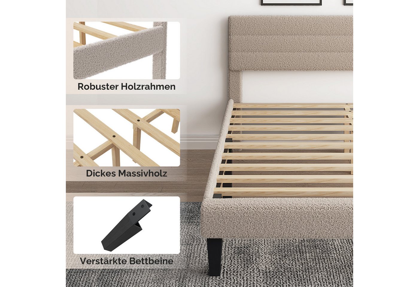 VINGLI Polsterbett mit verstellbarem Kopfteil, 160x200 cm, Bouclégarn – Bild 5 von 5