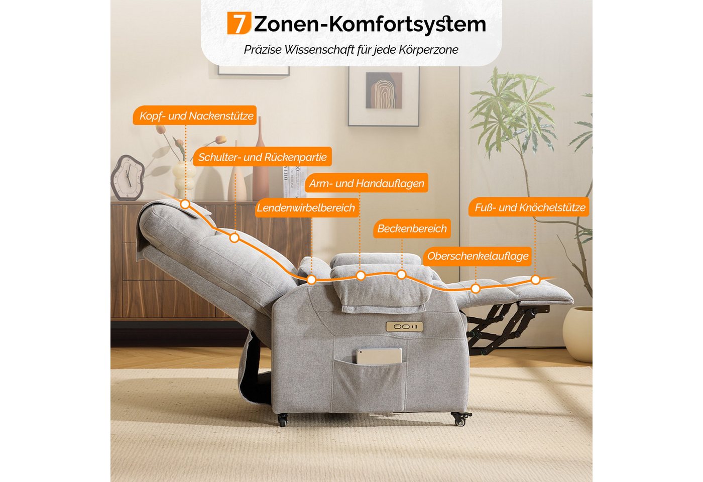 VINGLI Relaxsessel Fernsehsessel, TV-Sessel, 2/6 Punkte Massage & Wärmefunktion, 4 Lenkrollen mit Feststellbremse, USB-C&USB-A Anschlüsse, Seitentasche – Bild 3 von 5
