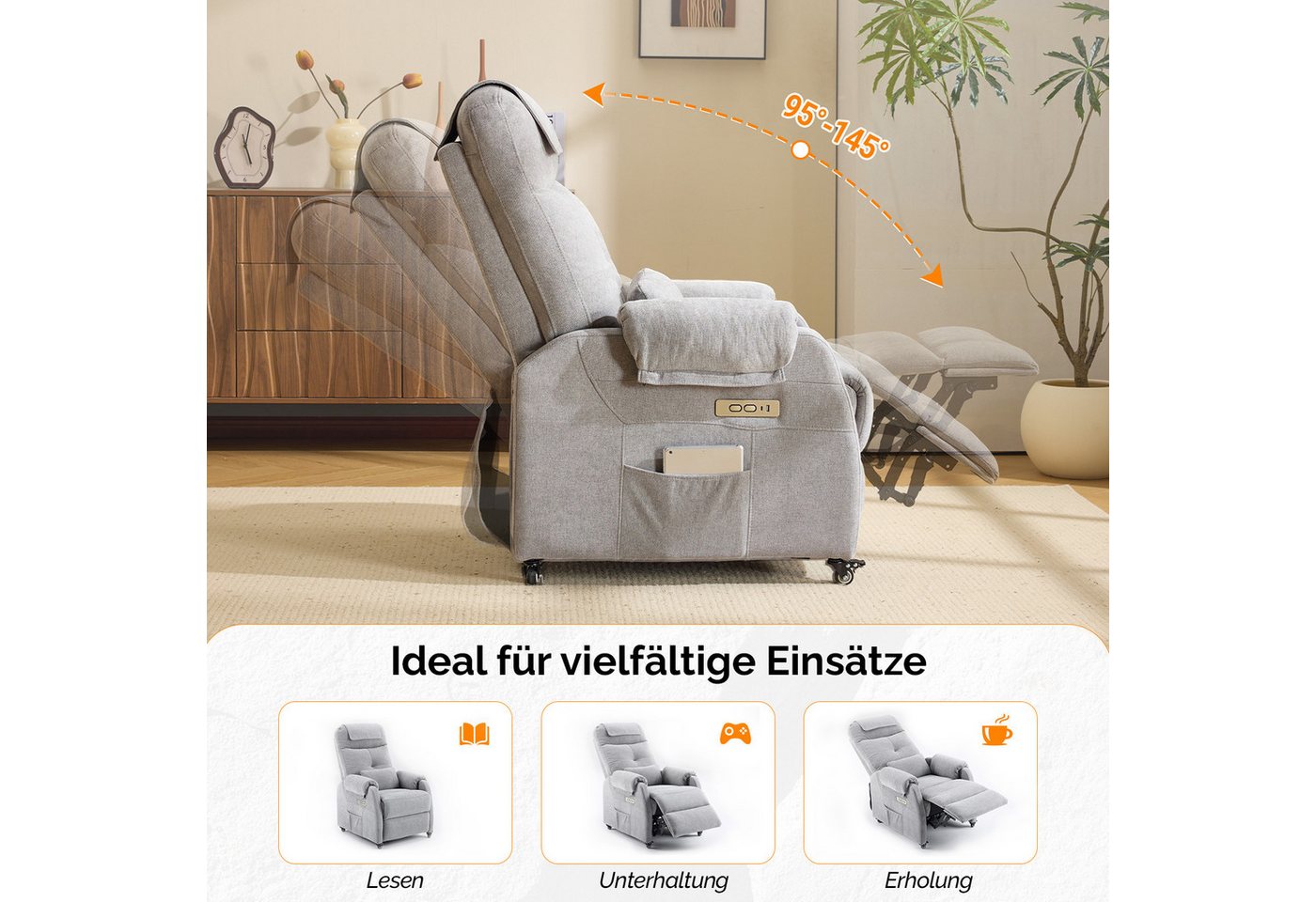 VINGLI Relaxsessel Fernsehsessel, TV-Sessel, 2/6 Punkte Massage & Wärmefunktion, 4 Lenkrollen mit Feststellbremse, USB-C&USB-A Anschlüsse, Seitentasche – Bild 4 von 5