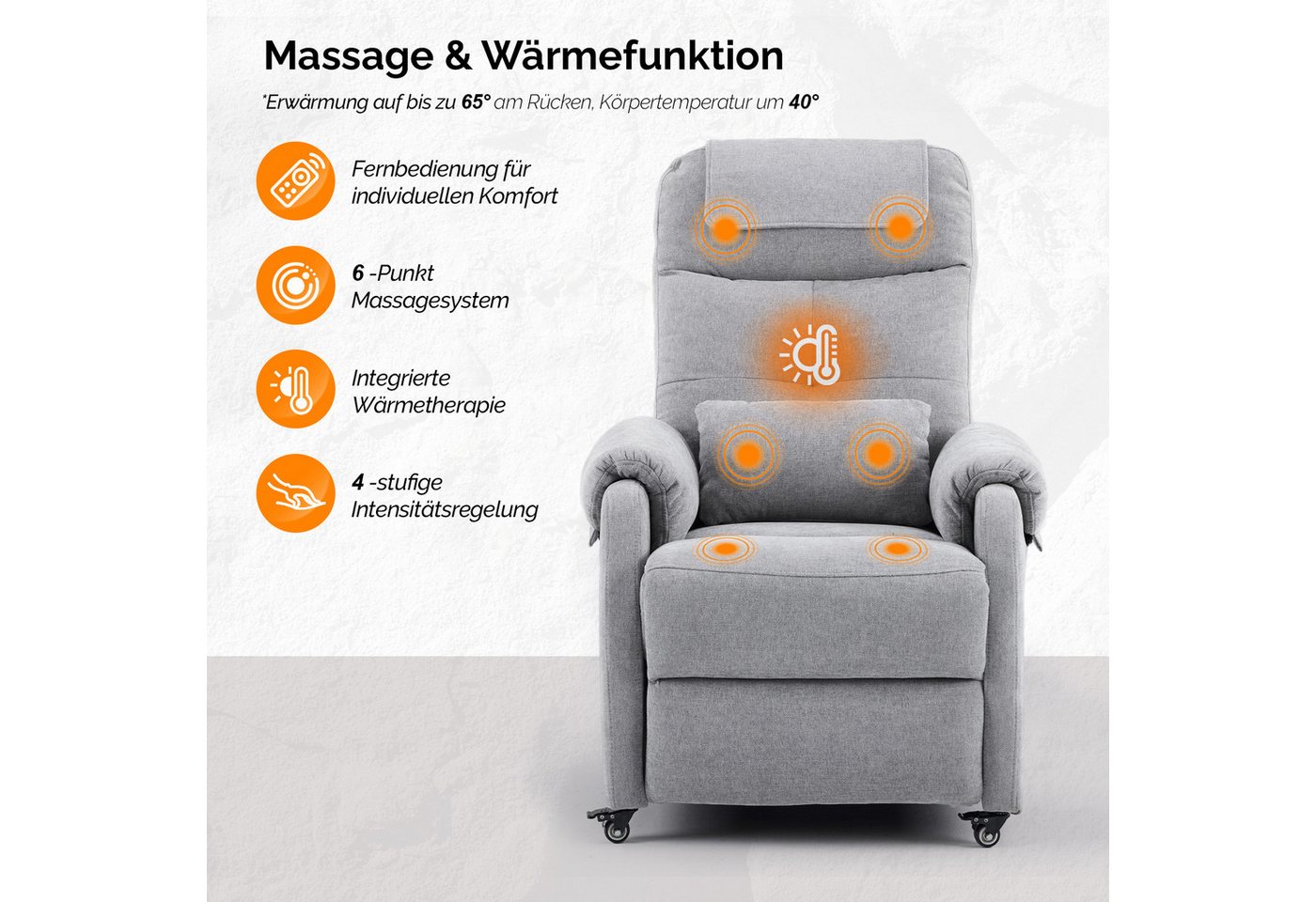 VINGLI Relaxsessel Fernsehsessel, TV-Sessel, 2/6 Punkte Massage & Wärmefunktion, 4 Lenkrollen mit Feststellbremse, USB-C&USB-A Anschlüsse, Seitentasche – Bild 5 von 5