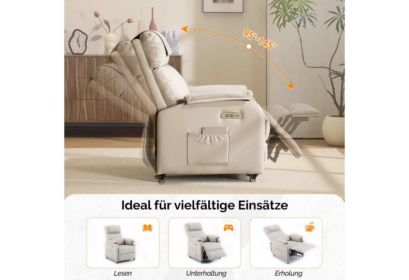 VINGLI Relaxsessel Fernsehsessel, TV-Sessel, 2/6 Punkte Massage & Wärmefunktion, 4 Lenkrollen mit Feststellbremse, USB-C&USB-A Anschlüsse, Seitentasche – Bild 4 von 5
