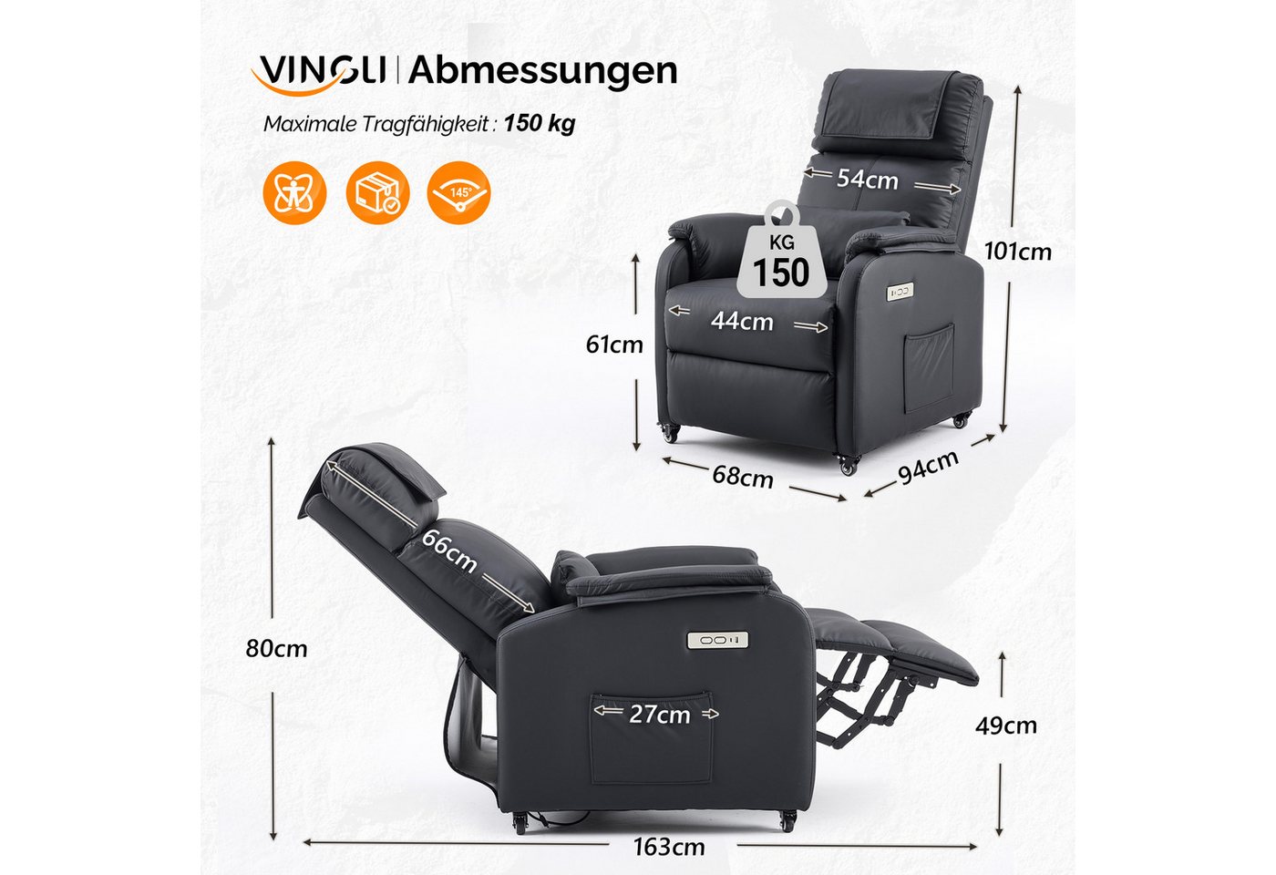 VINGLI Relaxsessel Fernsehsessel, TV-Sessel, 2/6 Punkte Massage & Wärmefunktion, 4 Lenkrollen mit Feststellbremse, USB-C&USB-A Anschlüsse, Seitentasche – Bild 2 von 5