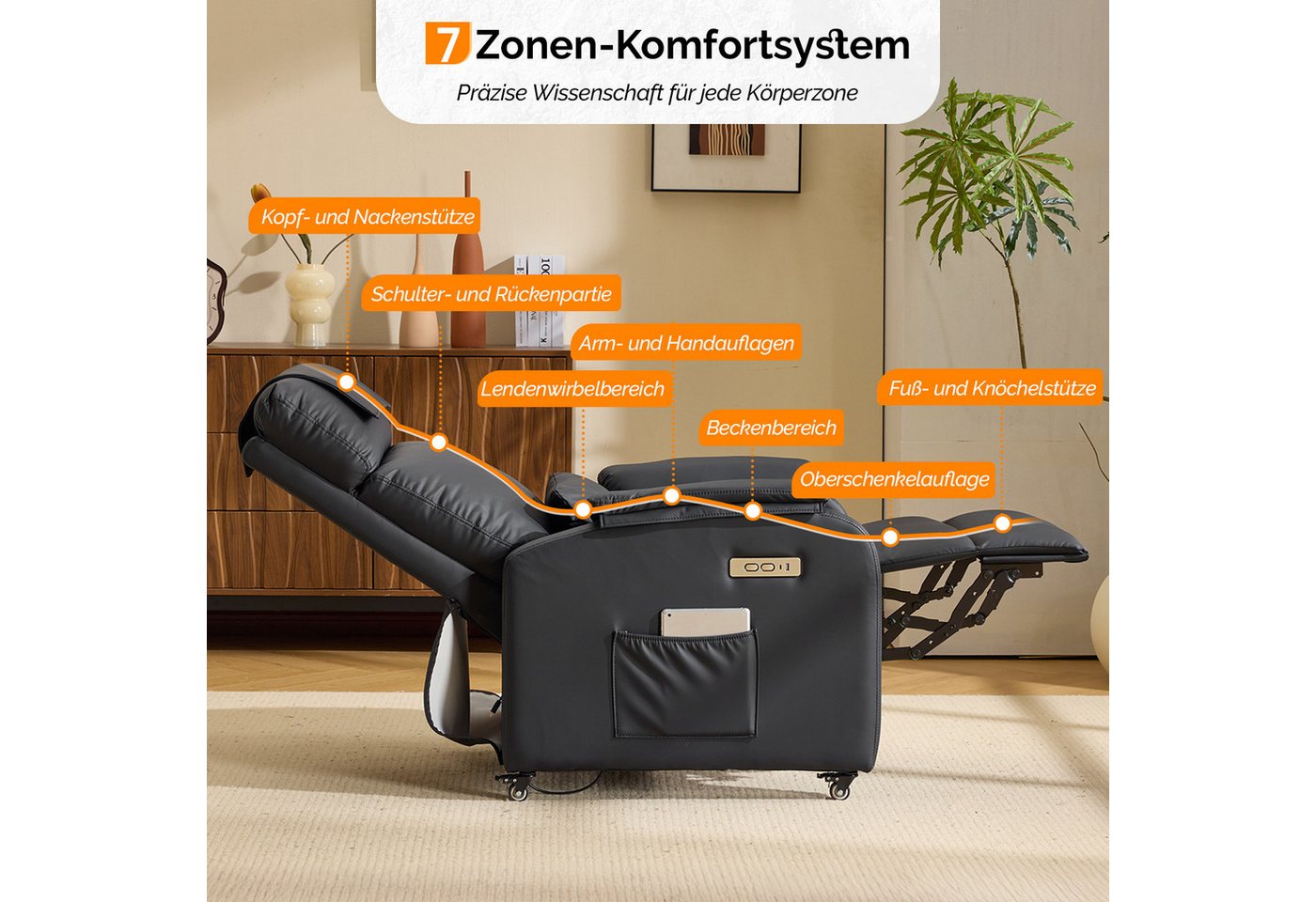 VINGLI Relaxsessel Fernsehsessel, TV-Sessel, 2/6 Punkte Massage & Wärmefunktion, 4 Lenkrollen mit Feststellbremse, USB-C&USB-A Anschlüsse, Seitentasche – Bild 3 von 5