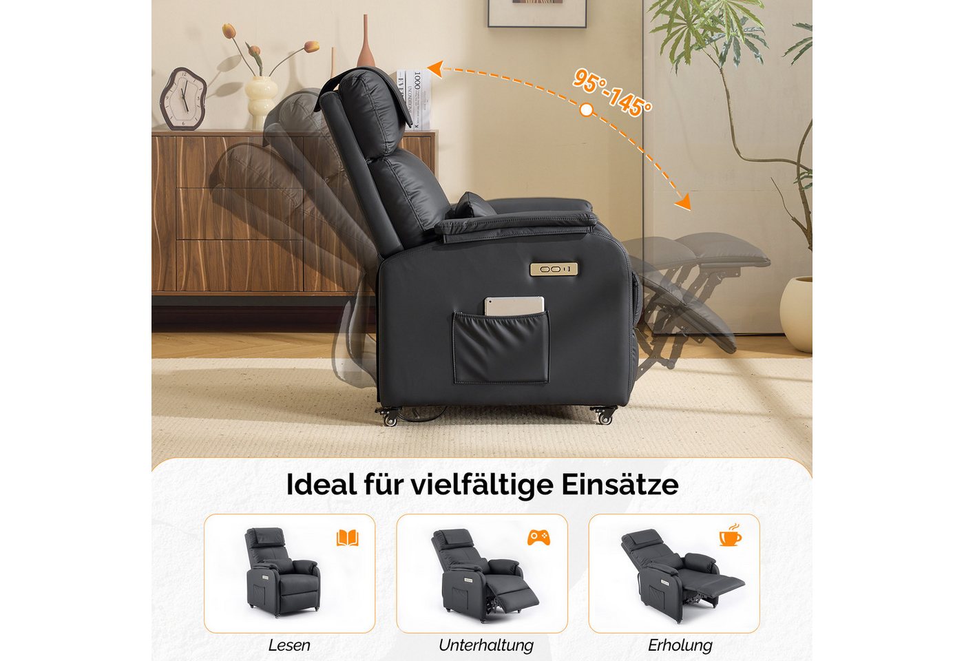VINGLI Relaxsessel Fernsehsessel, TV-Sessel, 2/6 Punkte Massage & Wärmefunktion, 4 Lenkrollen mit Feststellbremse, USB-C&USB-A Anschlüsse, Seitentasche – Bild 4 von 5
