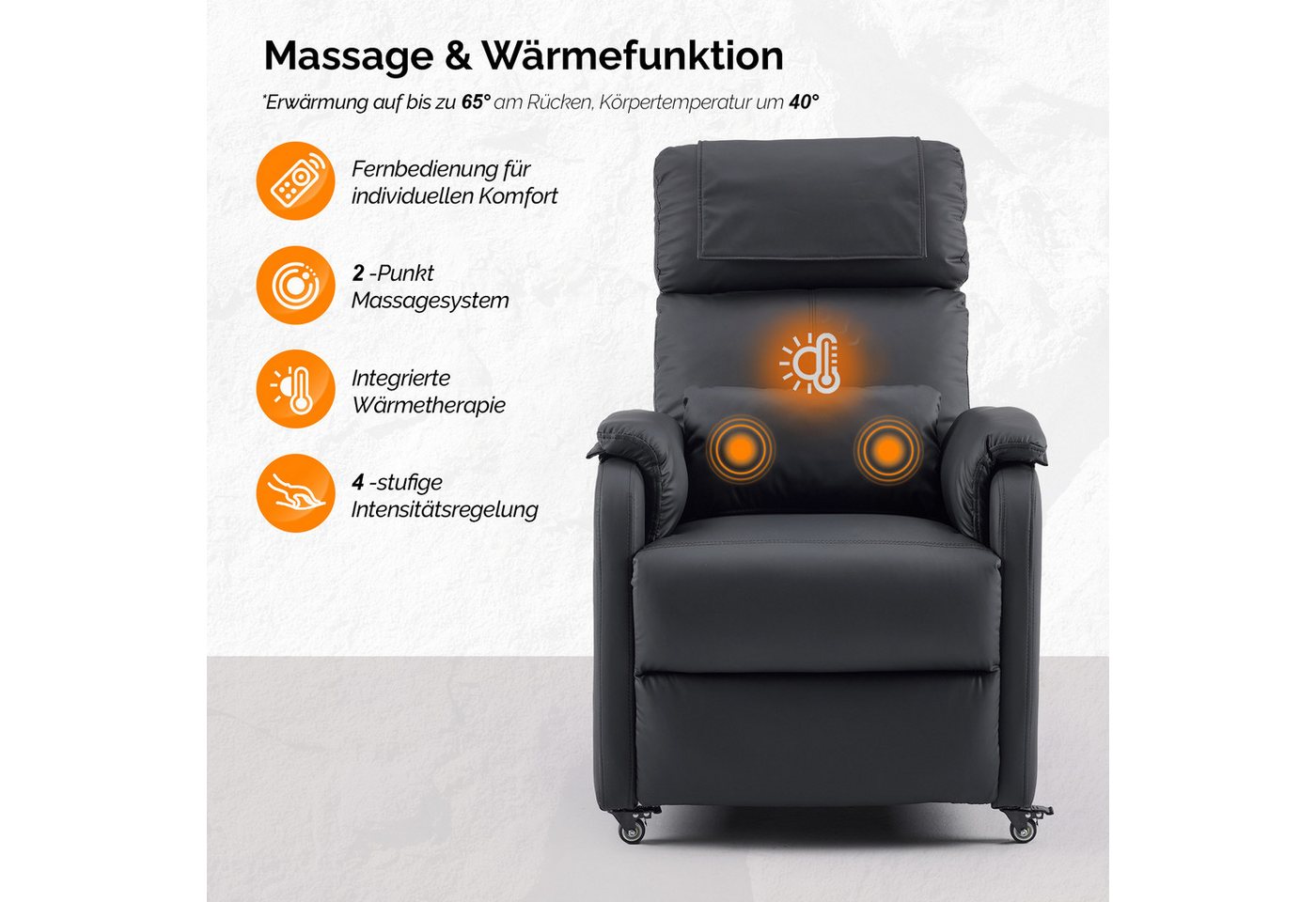 VINGLI Relaxsessel Fernsehsessel, TV-Sessel, 2/6 Punkte Massage & Wärmefunktion, 4 Lenkrollen mit Feststellbremse, USB-C&USB-A Anschlüsse, Seitentasche – Bild 5 von 5