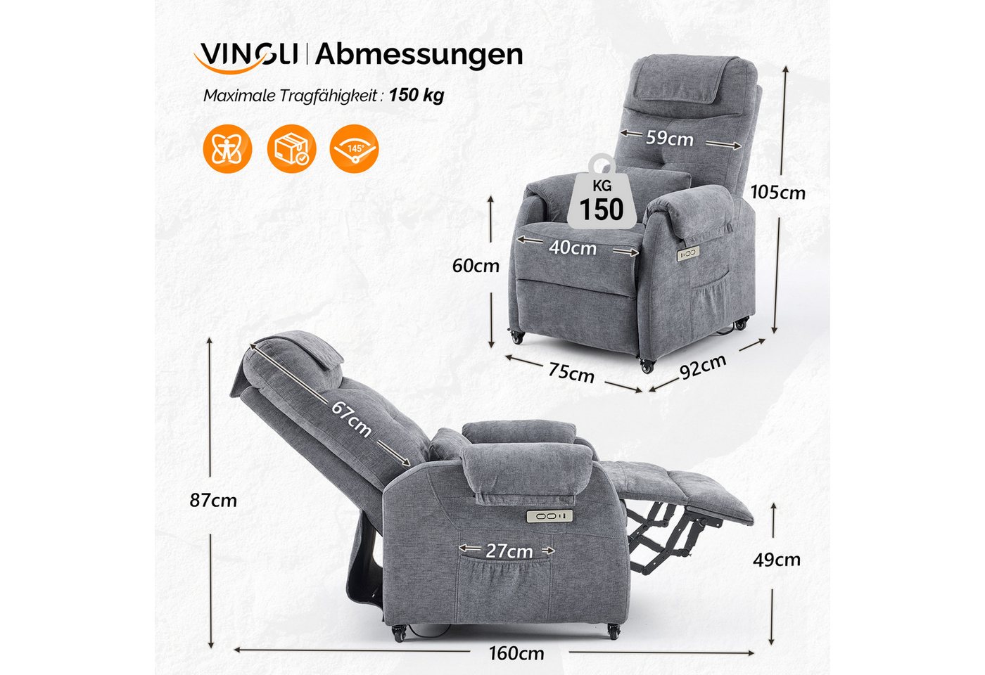 VINGLI Relaxsessel Fernsehsessel, TV-Sessel, 2/6 Punkte Massage & Wärmefunktion, 4 Lenkrollen mit Feststellbremse, USB-C&USB-A Anschlüsse, Seitentasche – Bild 2 von 5