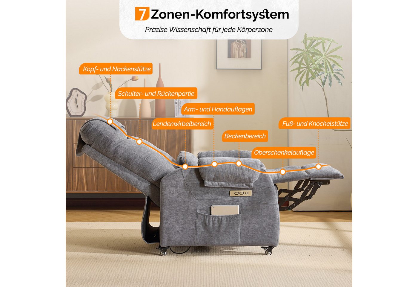 VINGLI Relaxsessel Fernsehsessel, TV-Sessel, 2/6 Punkte Massage & Wärmefunktion, 4 Lenkrollen mit Feststellbremse, USB-C&USB-A Anschlüsse, Seitentasche – Bild 3 von 5
