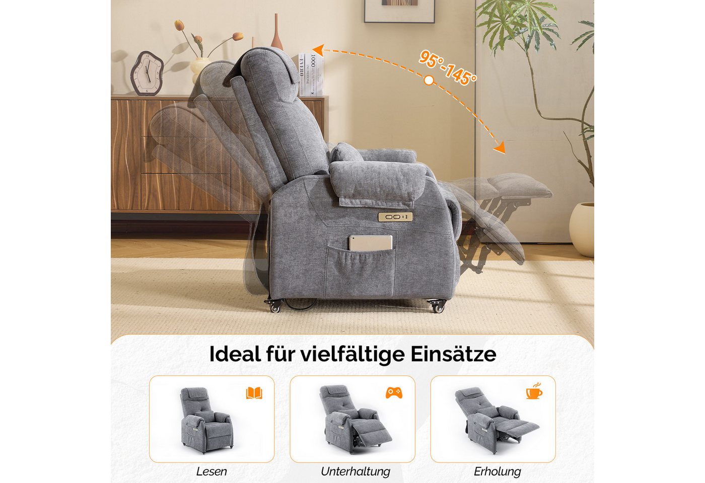VINGLI Relaxsessel Fernsehsessel, TV-Sessel, 2/6 Punkte Massage & Wärmefunktion, 4 Lenkrollen mit Feststellbremse, USB-C&USB-A Anschlüsse, Seitentasche – Bild 4 von 5
