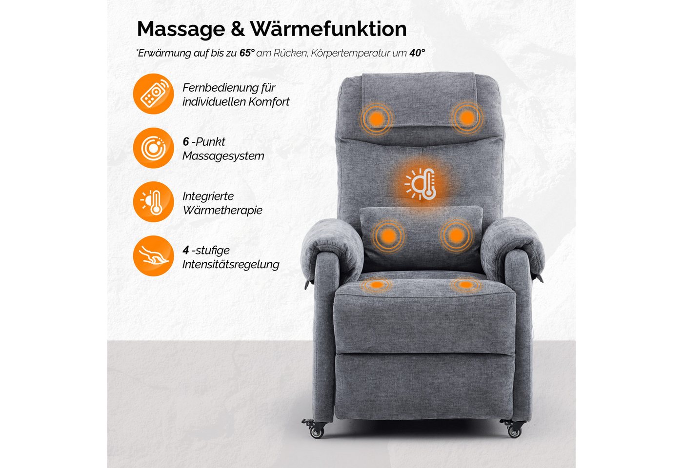 VINGLI Relaxsessel Fernsehsessel, TV-Sessel, 2/6 Punkte Massage & Wärmefunktion, 4 Lenkrollen mit Feststellbremse, USB-C&USB-A Anschlüsse, Seitentasche – Bild 5 von 5
