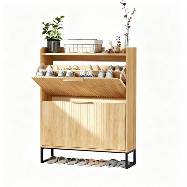 VINGLI Schuhschrank mit 2 Klappen, Schuhkipper mit geriffelte Türen, 80x24x101.3cm verstellbare & herausnehmbare Trennwände, Kippschutz, Eiche/Nussbaum