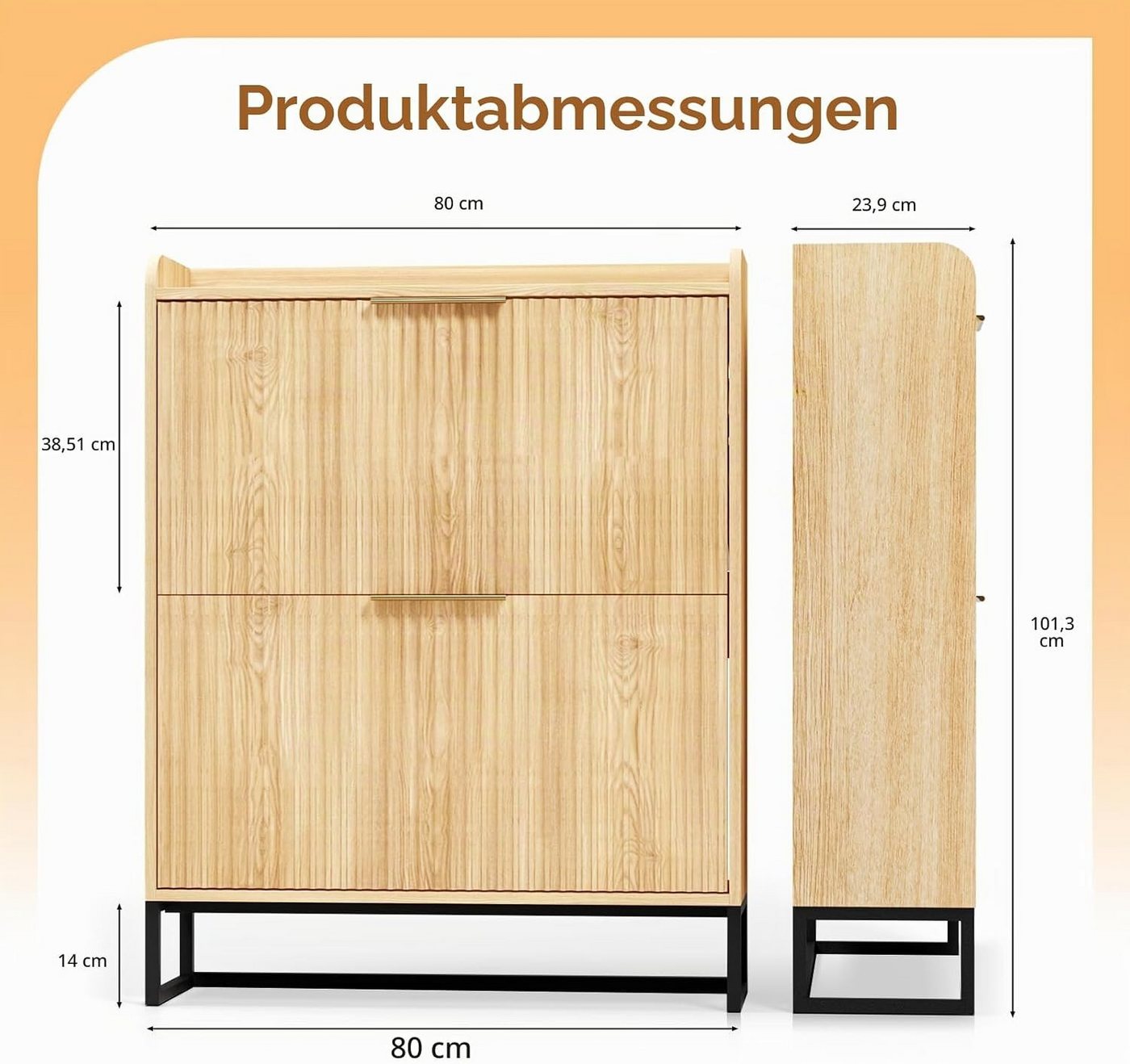 VINGLI Schuhschrank mit 2 Klappen, Schuhkipper mit geriffelte Türen, 80x24x101.3cm verstellbare & herausnehmbare Trennwände, Kippschutz, Eiche/Nussbaum – Bild 2 von 5
