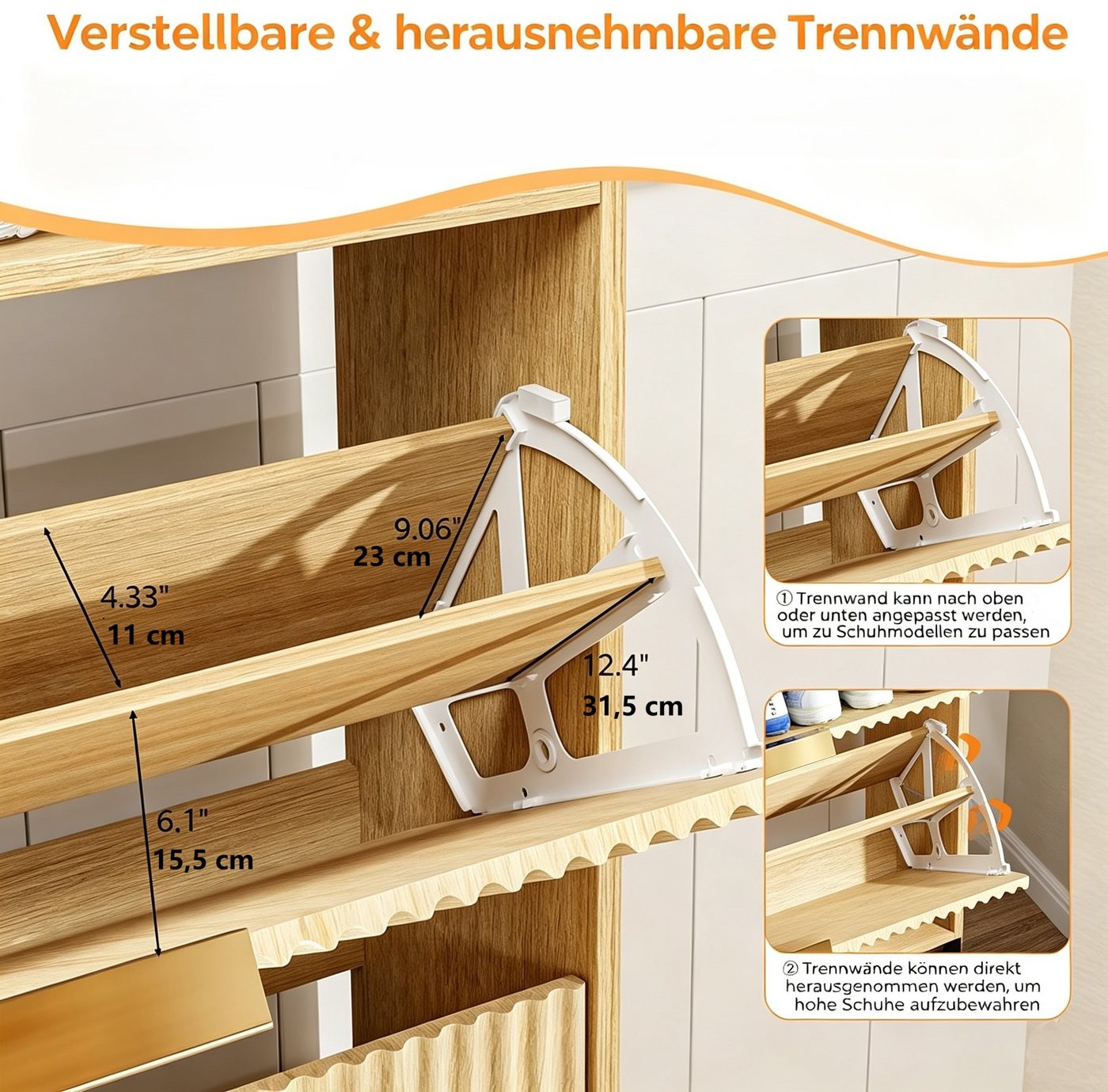 VINGLI Schuhschrank mit 2 Klappen, Schuhkipper mit geriffelte Türen, 80x24x101.3cm verstellbare & herausnehmbare Trennwände, Kippschutz, Eiche/Nussbaum – Bild 3 von 5