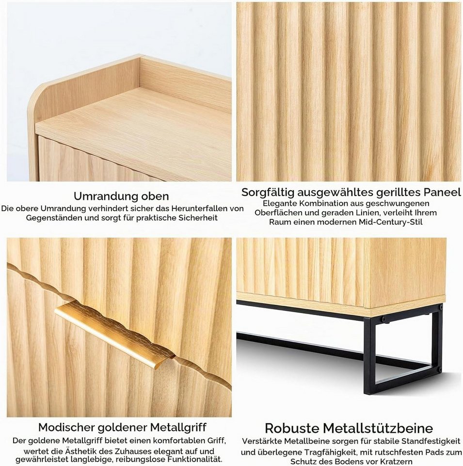 VINGLI Schuhschrank mit 2 Klappen, Schuhkipper mit geriffelte Türen, 80x24x101.3cm verstellbare & herausnehmbare Trennwände, Kippschutz, Eiche/Nussbaum – Bild 4 von 5