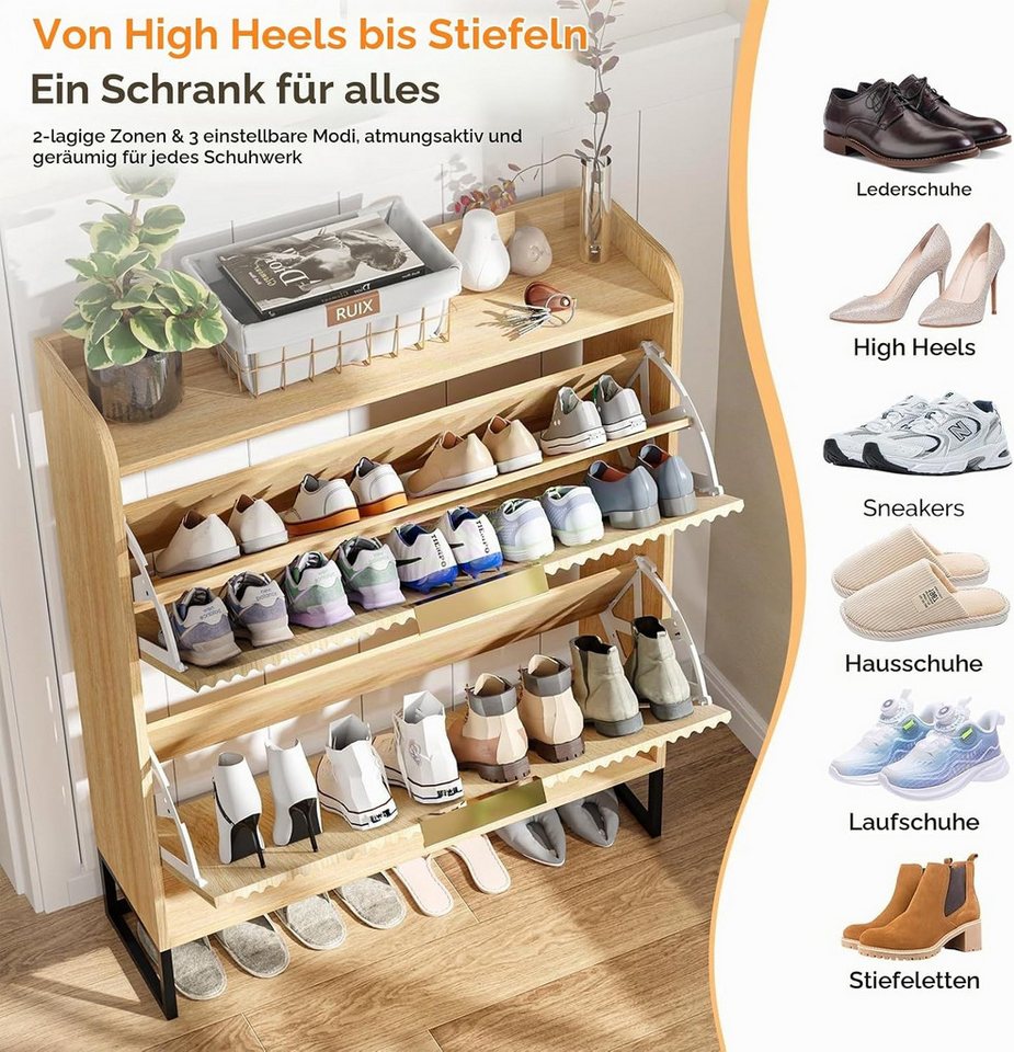 VINGLI Schuhschrank mit 2 Klappen, Schuhkipper mit geriffelte Türen, 80x24x101.3cm verstellbare & herausnehmbare Trennwände, Kippschutz, Eiche/Nussbaum – Bild 5 von 5