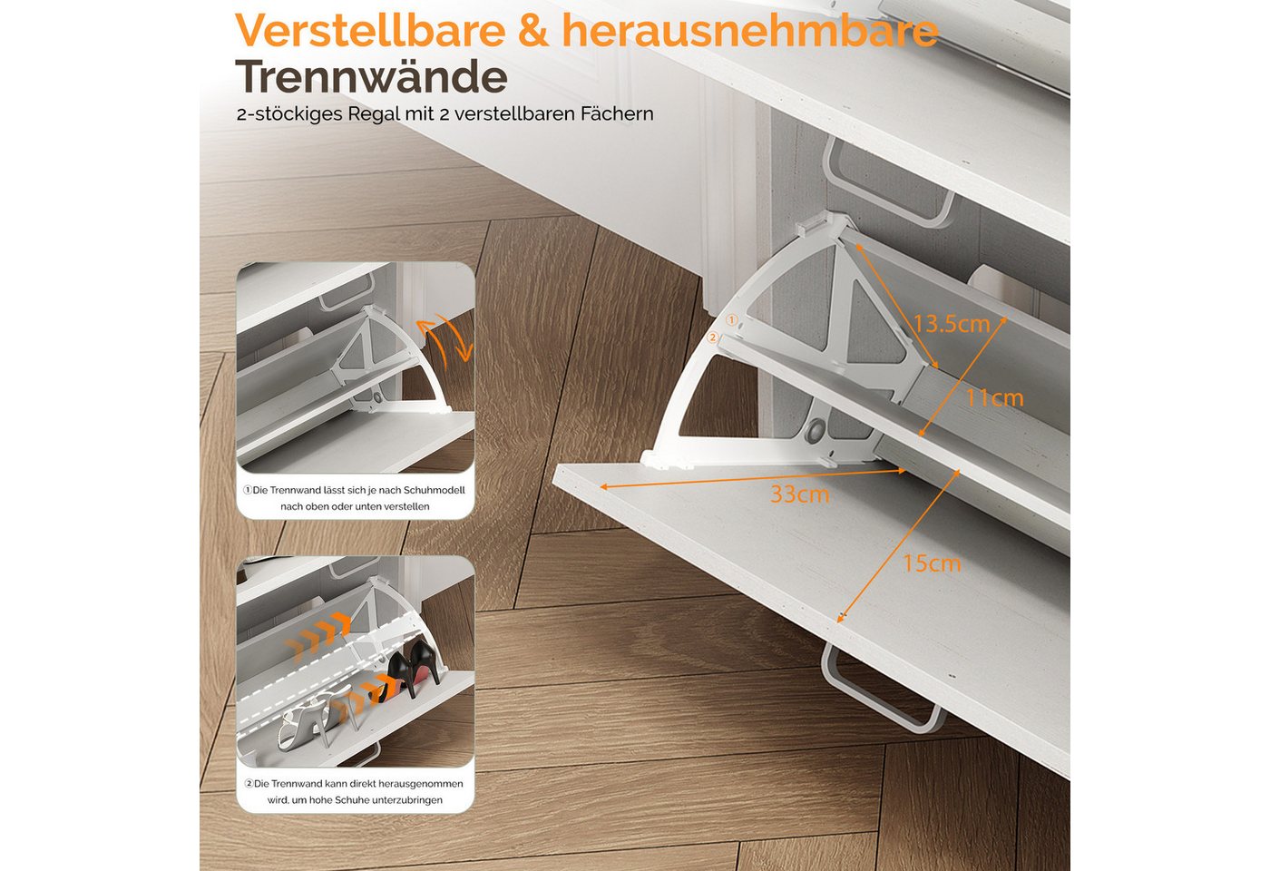VINGLI Schuhschrank mit 2 Klappen, Schuhregal Schmal, Schukipper 63,5x24x94cm, vintageweiß verstellbare Trennwände, ausziehbare Schublade, platzsparend – Bild 4 von 5