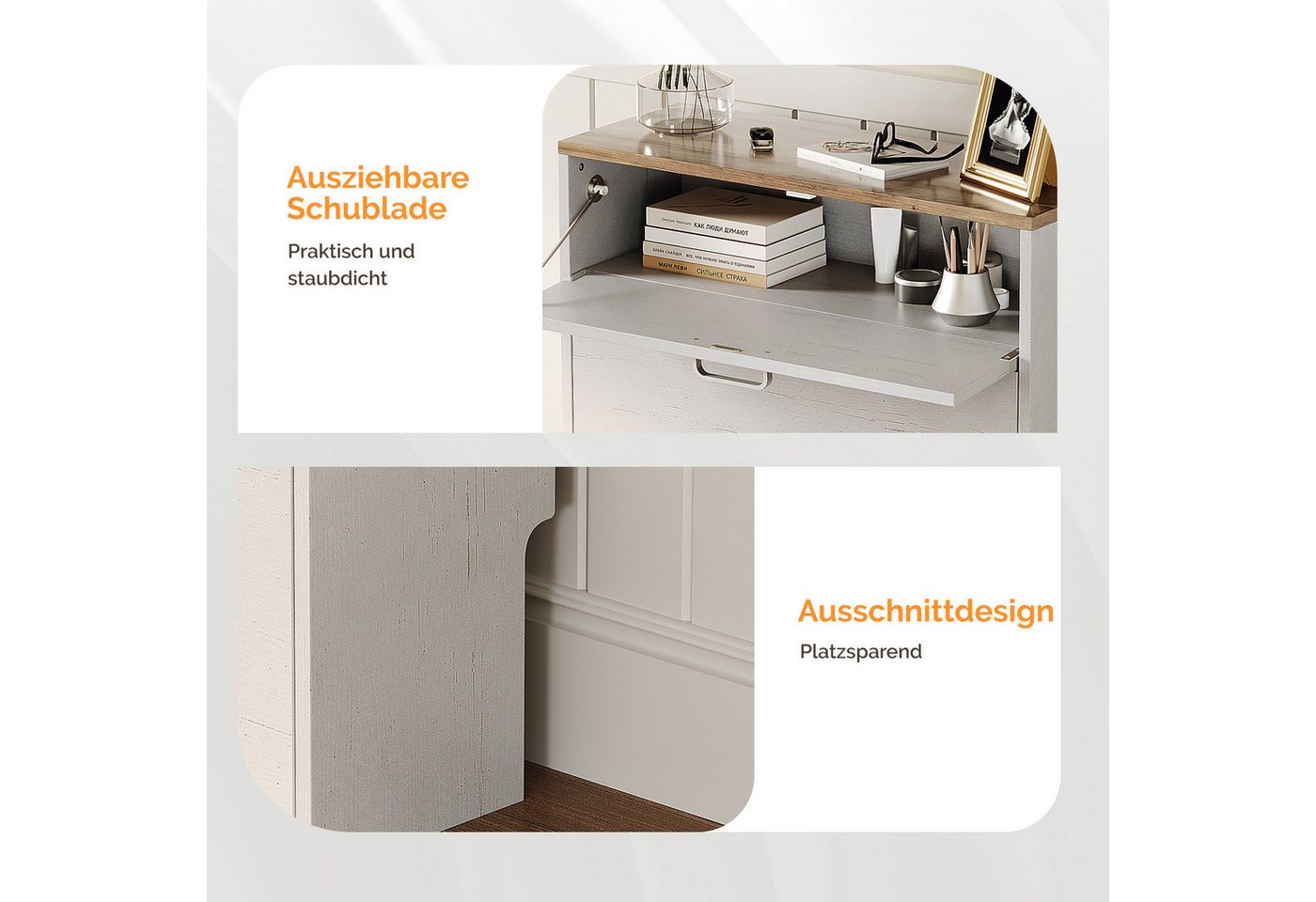 VINGLI Schuhschrank mit 2 Klappen, Schuhregal Schmal, Schukipper 63,5x24x94cm, vintageweiß verstellbare Trennwände, ausziehbare Schublade, platzsparend – Bild 5 von 5